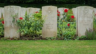 grave stones in the cemetery decorated with flowers