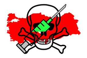 drawing of a skull with a poison syringe