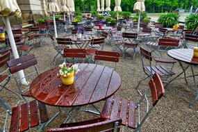 wooden tables decorated with flowers