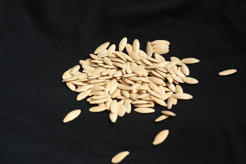White seeds on a black background
