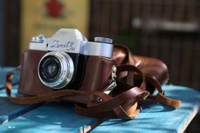 vintage camera in a leather case