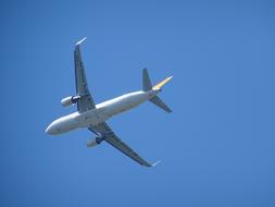 Bottom view of the flying aircraft, in sunlight, under the blue sky