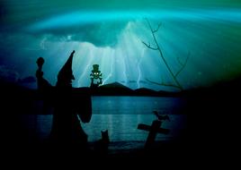 silhouette of a magician on a stormy background