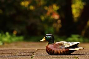 Beautiful and colorful duck figure, on the road, among the colorful plants
