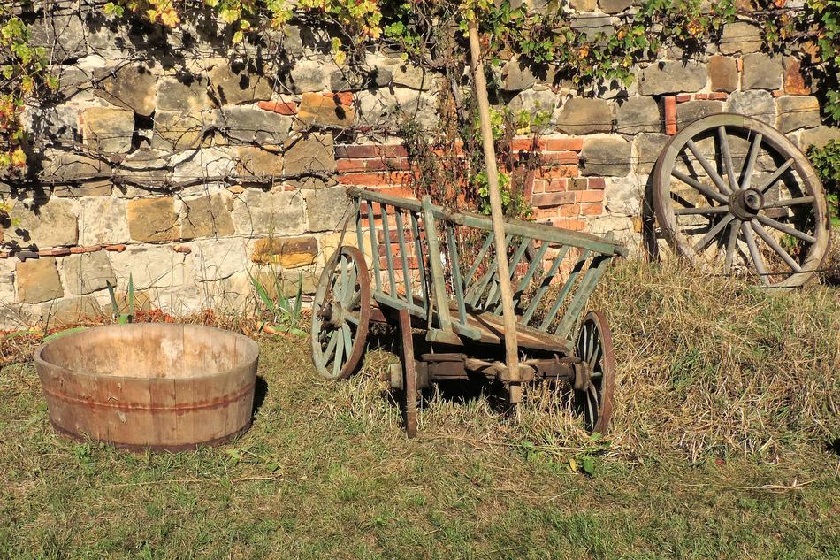 an old cart with a rake in the garden