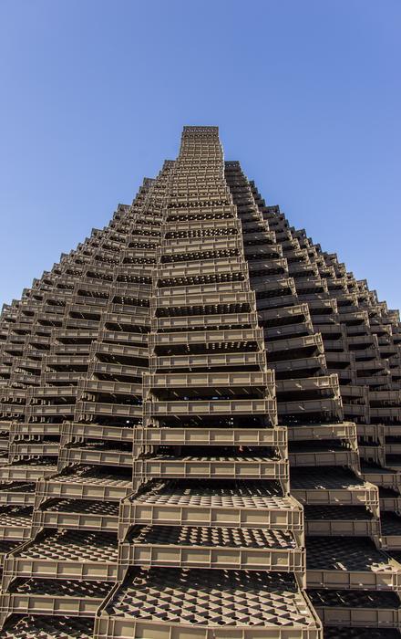 Plastic boxes lined up in a pyramid