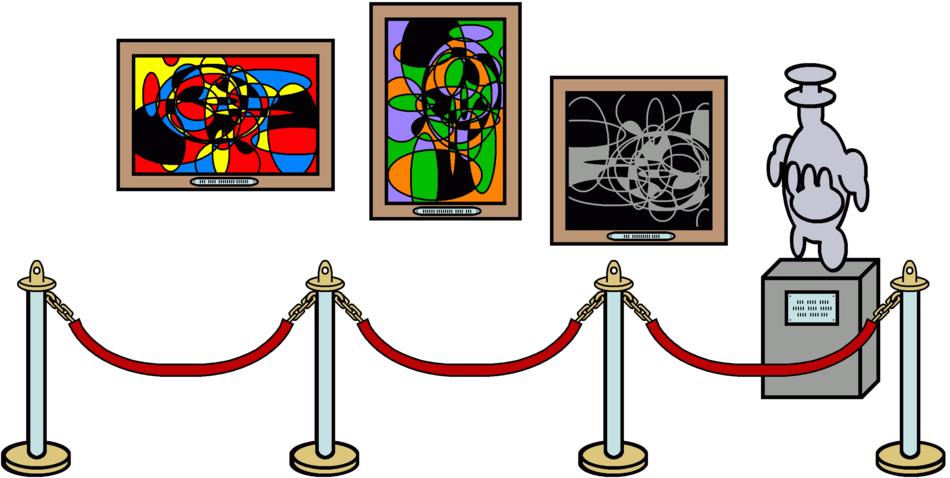 drawing of a museum exhibition of paintings