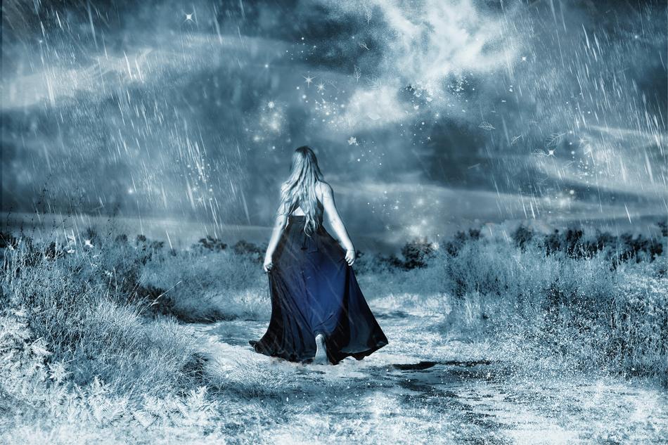 winter woman magic rain