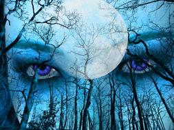 blue forest sky moon face eyes