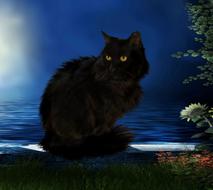 black cat sits on stone fence in front of sea at dusk, digital art