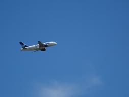 plane takes off in the blue sky