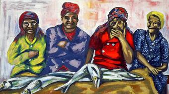 acrylic painting women selling fish