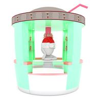 model of a man in christmas hat in a glass building