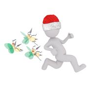 painted white man in a Christmas cap running away from insects