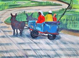 color painting with people on a cart