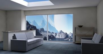 beautiful interior of a room with a view of the mountains