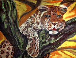 painted leopard on a tree
