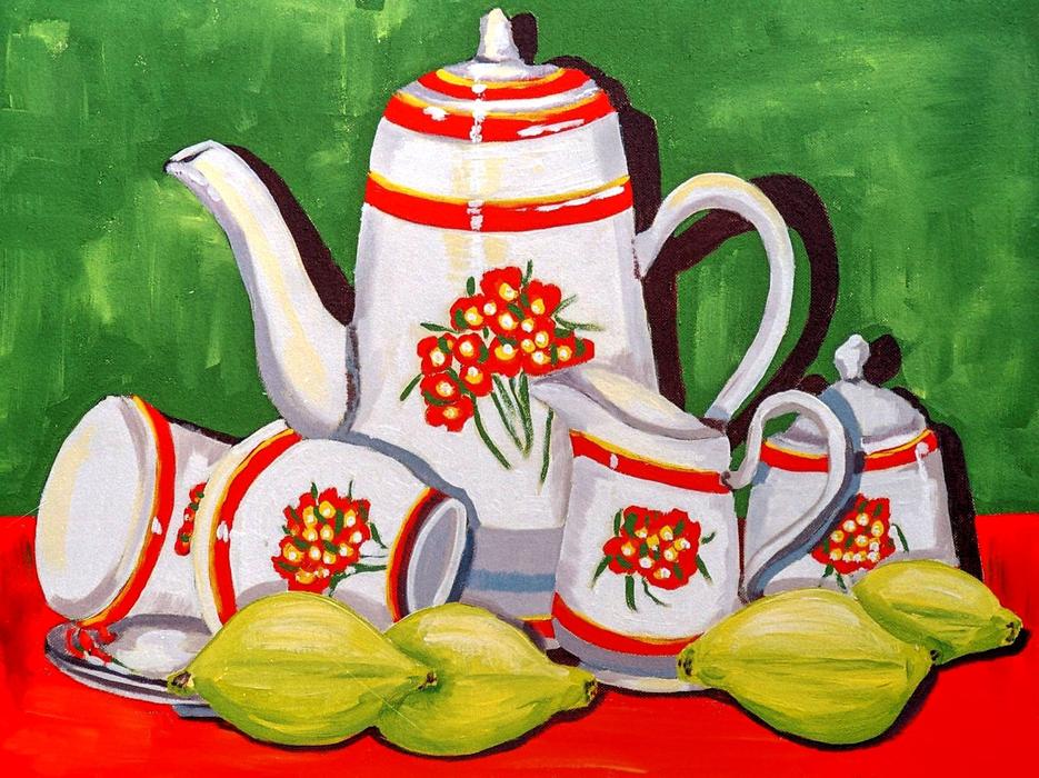 drawing with a teapot and cups and lemons