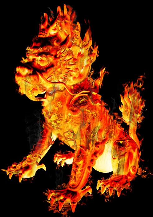 drawing of a fire lion on a black background