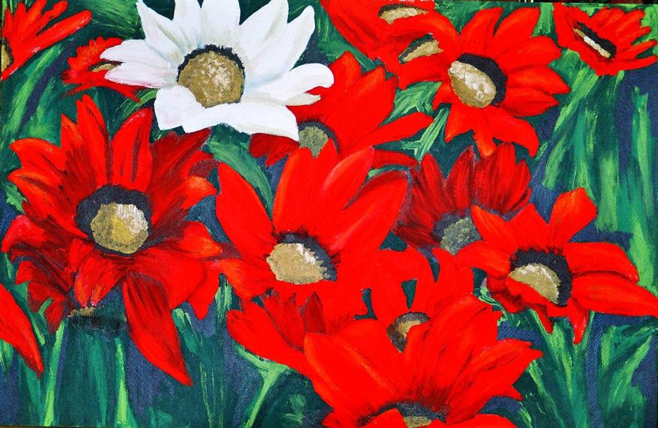 a white flower among the reds