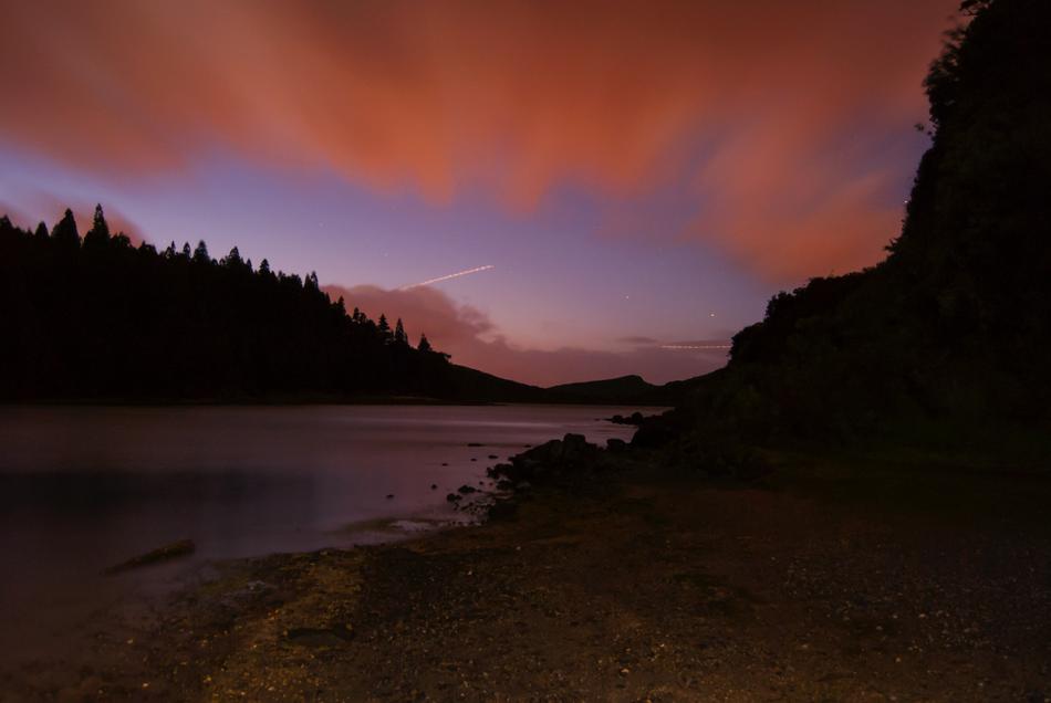 pink blue dawn over the river in the mountains