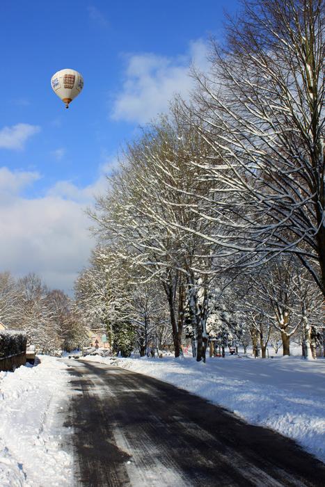 balloon flying in the sky over a winter forest