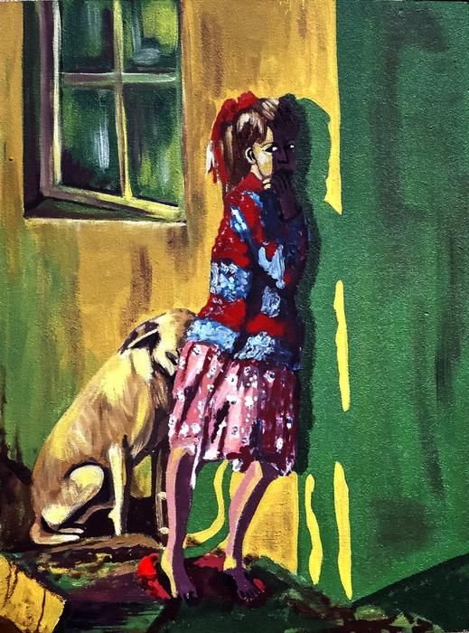 drawing of a girl in a dress with a dog by the wall