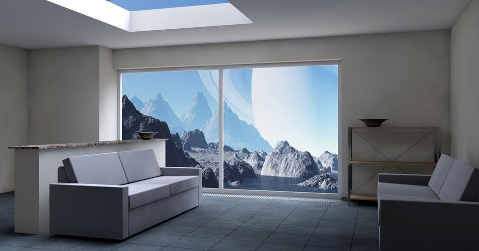 beautiful interior of a room with a view of the mountains