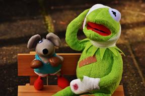 Kermit frog and Mouse on bench, soft toys in Boxing gloves