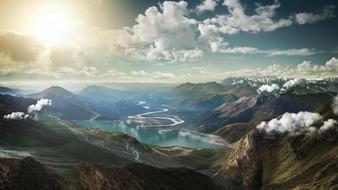 lake and mountain peaks in the morning sun