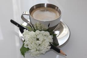white flower near the coffee