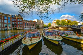 tourist Boats parked on channel in old city, Netherlands, Amsterdam