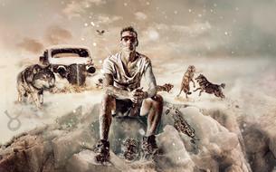 fantastic portrait of a man with wolves
