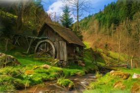 oil painting photo of mill in countryside