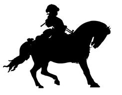 Black silhouette of the man in hat, on the horse, at white background, clipart
