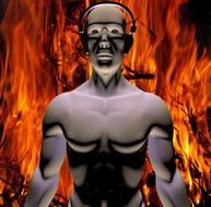 sculpture of a man against a background of fire