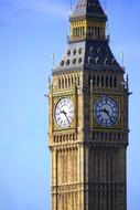 Big Ben tower with a clock on a blue sky background