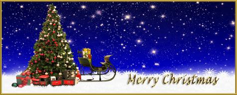 greeting card with a christmas tree and a sleigh