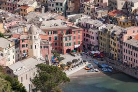 scenic old town at sea, top view, italy, liguria, Cinque Terre, vernazza