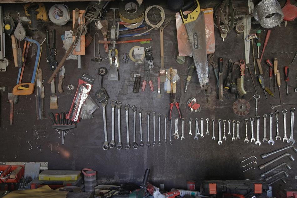 old construction tools on the table