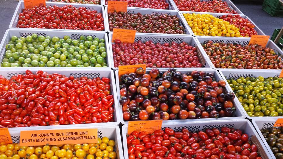 ripe tomatoes on sale in a box