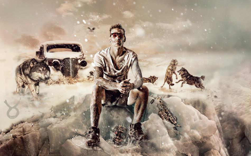 fantastic portrait of a man with wolves