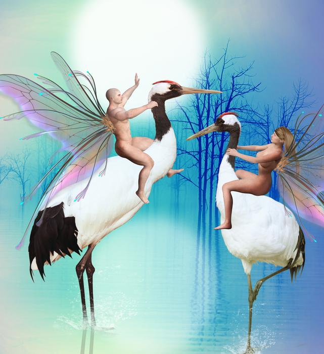 fairies sitting on storks