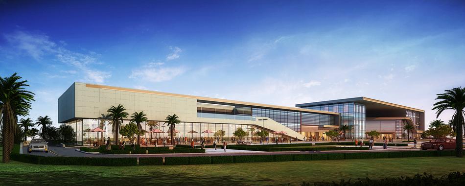 3d visualization of the building with the light inside, among the palm trees