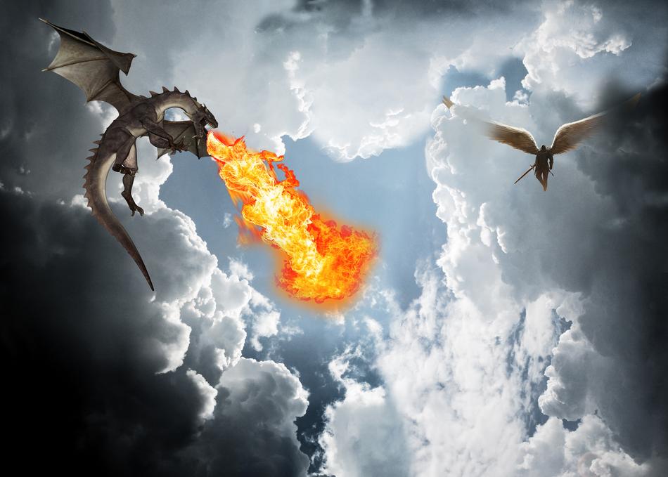 dragon flame breathing at sky, collage, wallpaper
