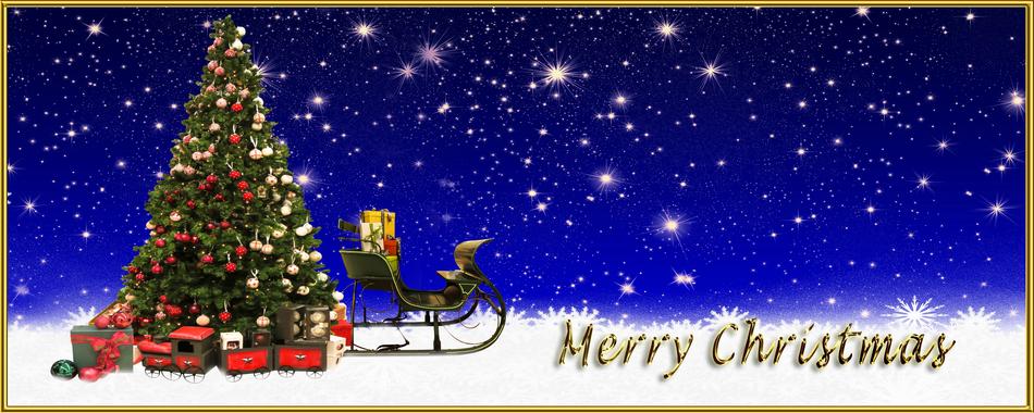 greeting card with a christmas tree and a sleigh