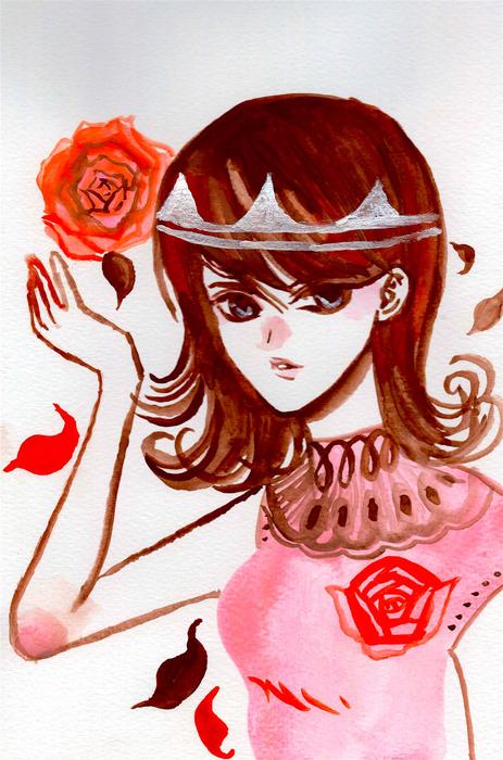painted girl with a crown and a rose in her ha