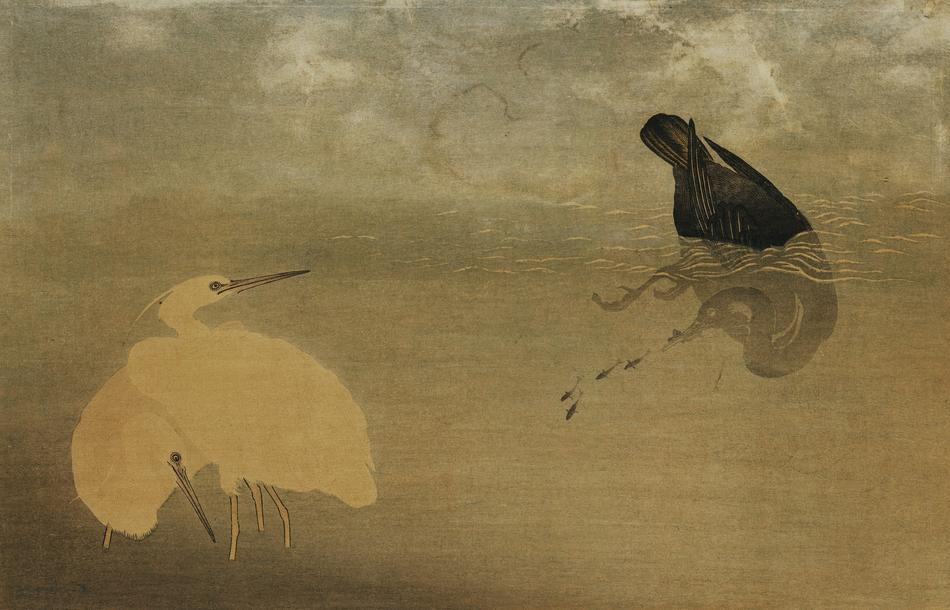 Beautiful and colorful, watercolour painting of the white heron bird in the water, under the cloudy sky