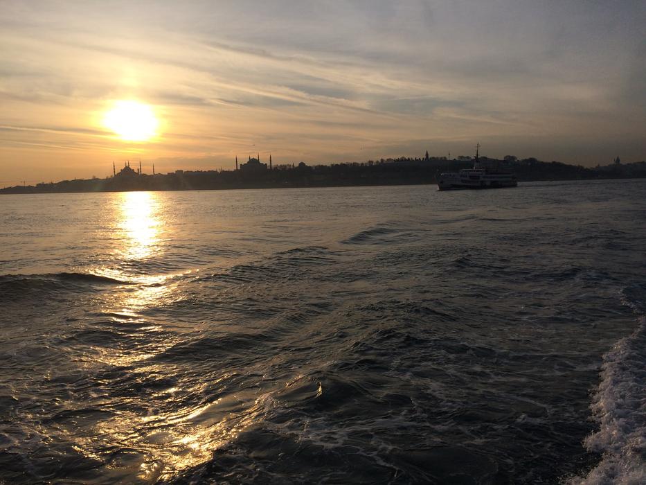 Beautiful shore of İstanbul, Turley, in sunlight, at colorful and beautiful sunset
