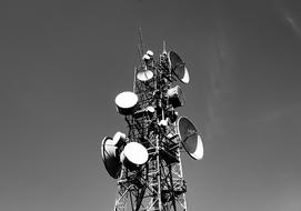 black and white photo of a satellite tower in Morro Reuter, Brazil